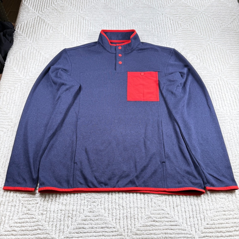 Duluth Trading Co Pullover Mens L Blue Red Relaxed Gorp Hiking Camping Utility
